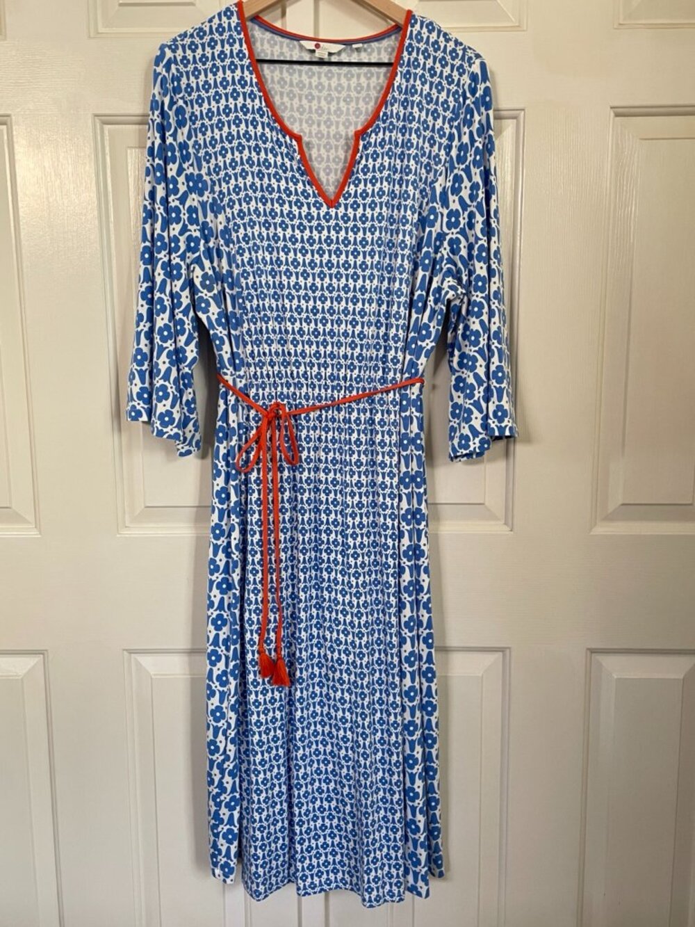 Boden 16 Blue Floral Maxi Dress Flowy Bell Sleeves Stretch Waist Belt